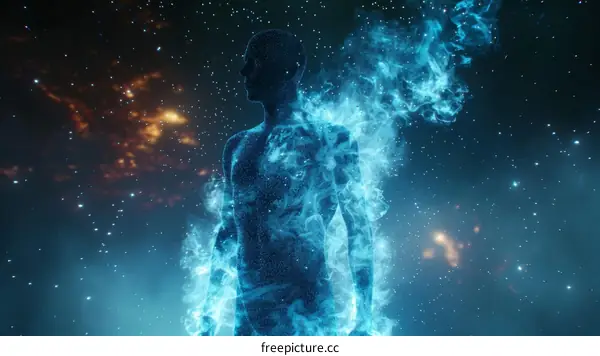 Blue translucent manikin in a starry background