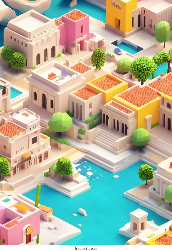 Low Poly Illustration of Colorful Buildings in an Island