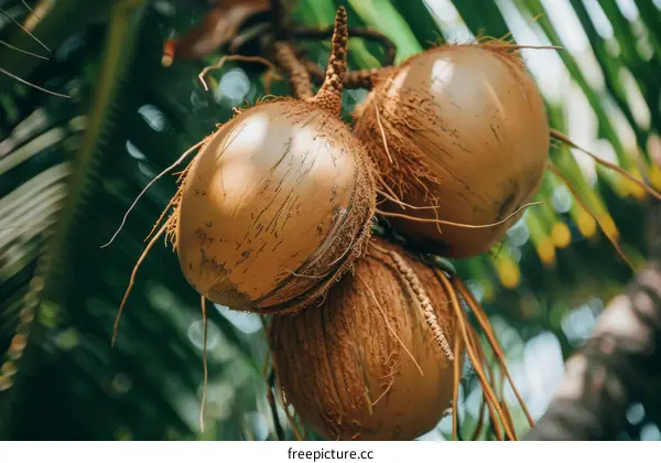Three hanging coconuts with brown husks