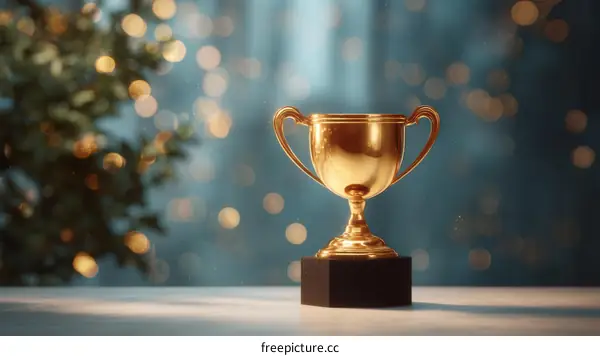 Golden Trophy on a Dark Base against a Bokeh Background