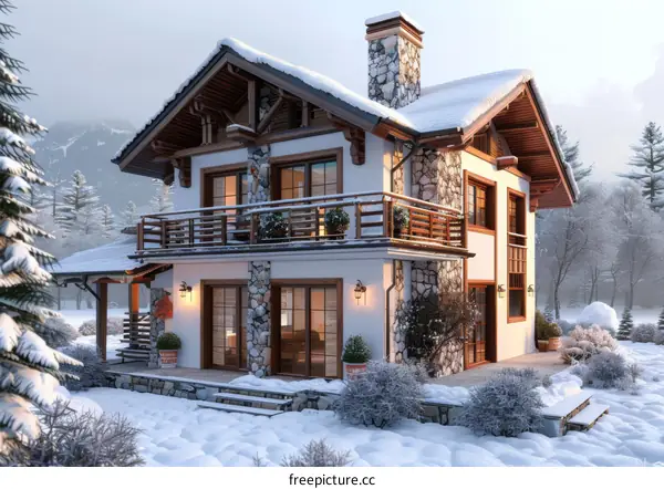 Snowy Mountain Chalet Exterior Design Illustration