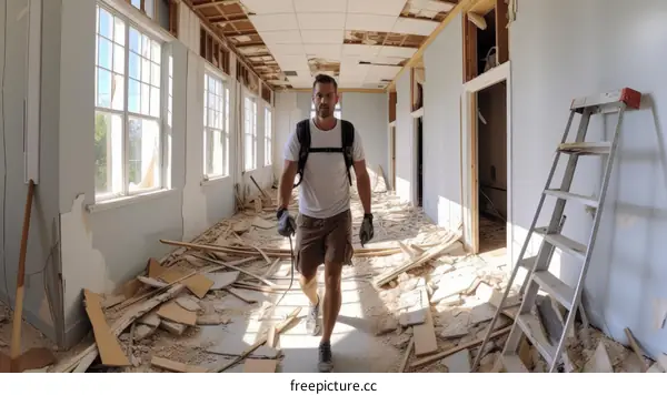 Man salvaging reusable materials from a house