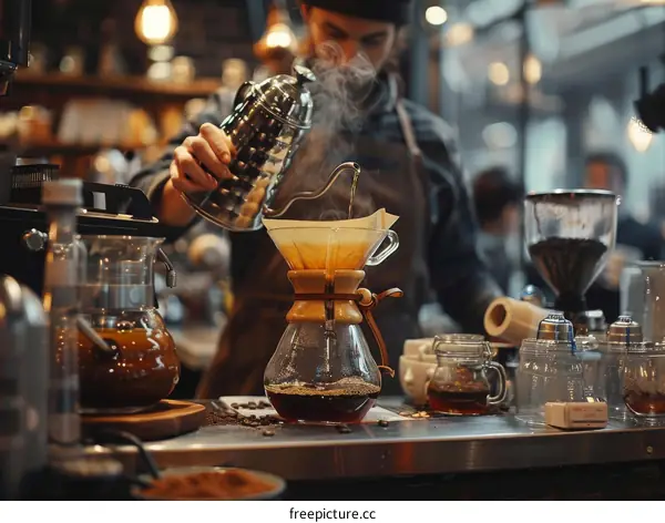 Barista pouring hot water into a coffee filter