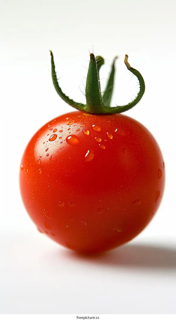 A close-up image of a single red tomato on a white background