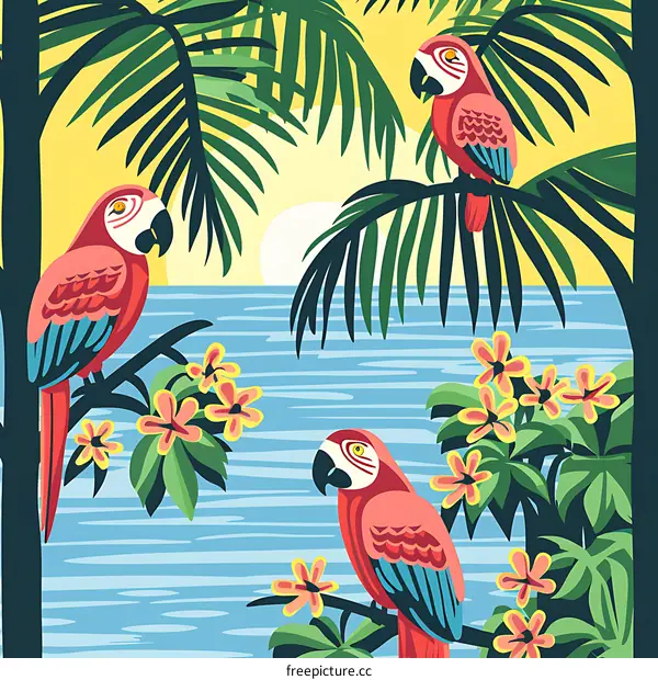 Tropical Paradise with Macaws and Palm Trees