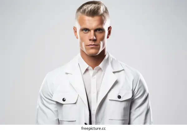 Fashion Portrait of Blond Male Model in White Suit