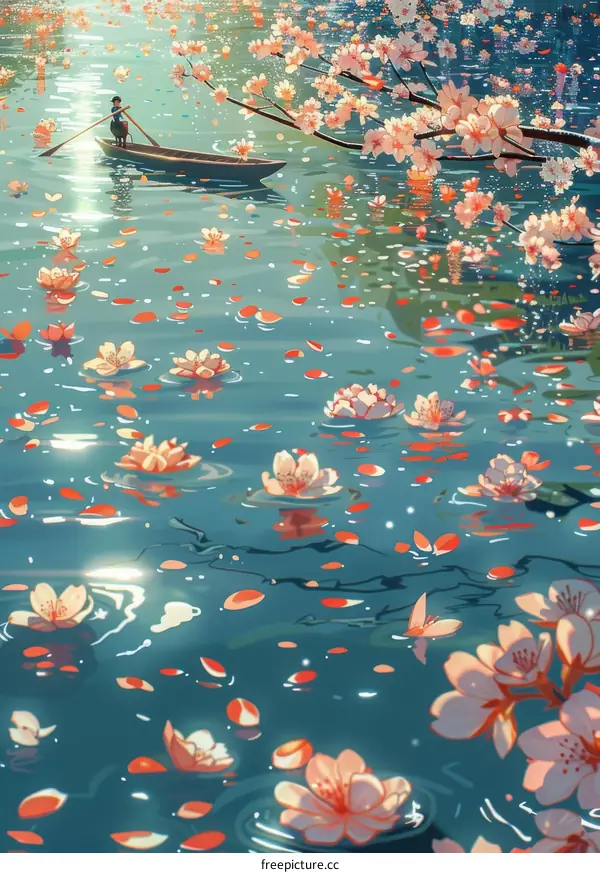 A Boat in a Lake Surrounded by Cherry Blossoms