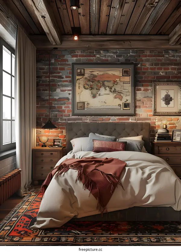 A cozy bedroom with brick walls and a fireplace