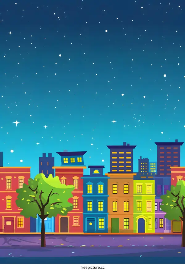 Night Cityscape With Colorful Buildings and Stars
