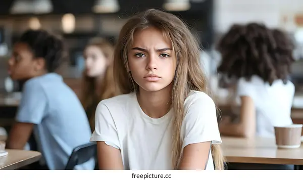 Teenage girl in cafe with unhappy expression