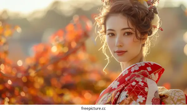 Japanese Woman in Traditional Kimono During Autumn
