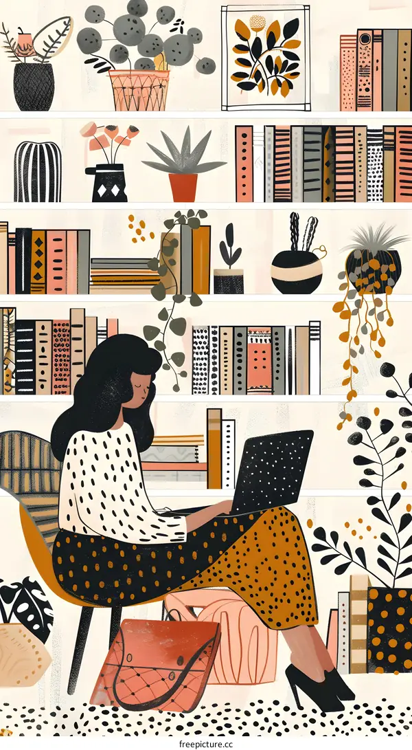 Woman Working on Laptop Surrounded by Books and Plants