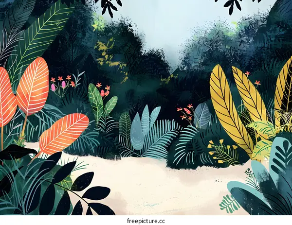 Tropical Rainforest Jungle Leaves Green Illustration