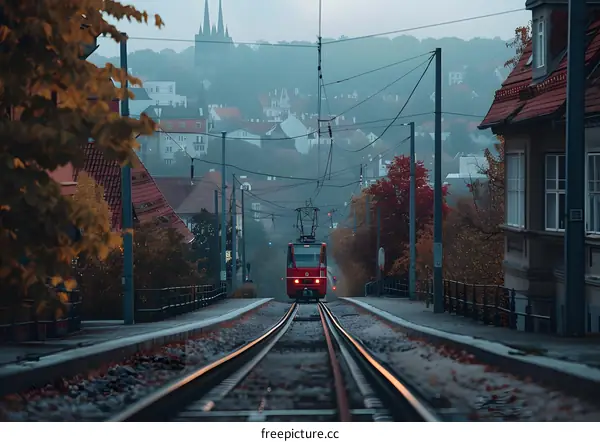 Red Tram on Railway Tracks in a City