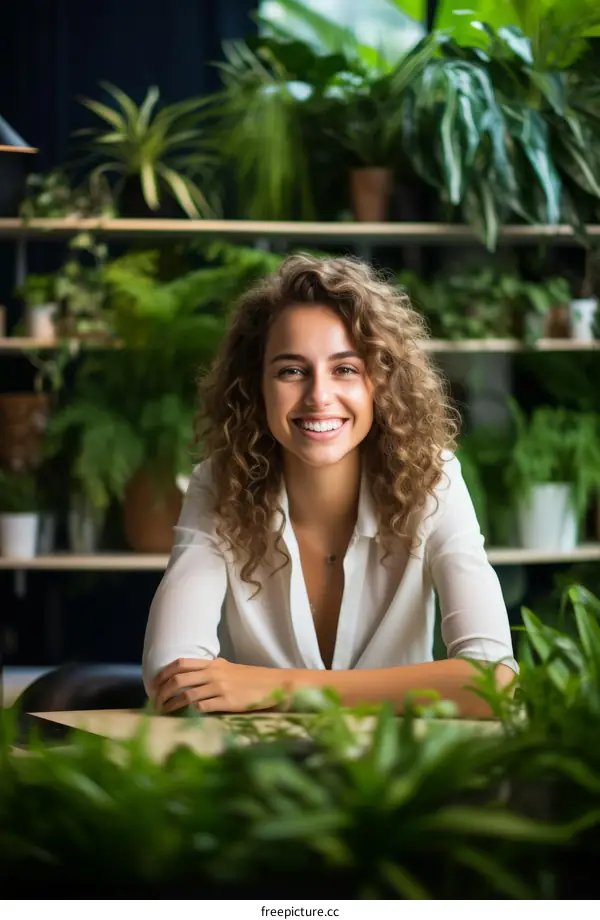 Portrait of a young woman with curly hair smiling in a green office full of plants