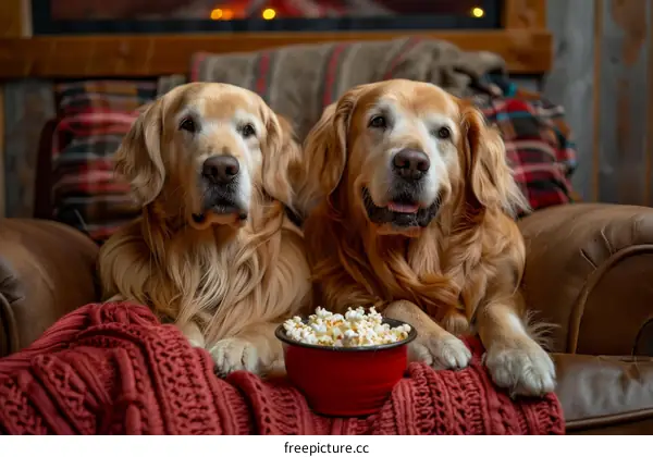 Two Golden Retrievers on a couch watching TV