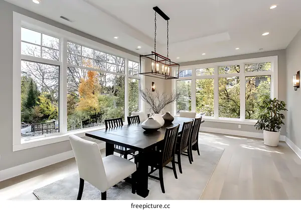 Modern Dining Room with Large Windows and Warm Lighting