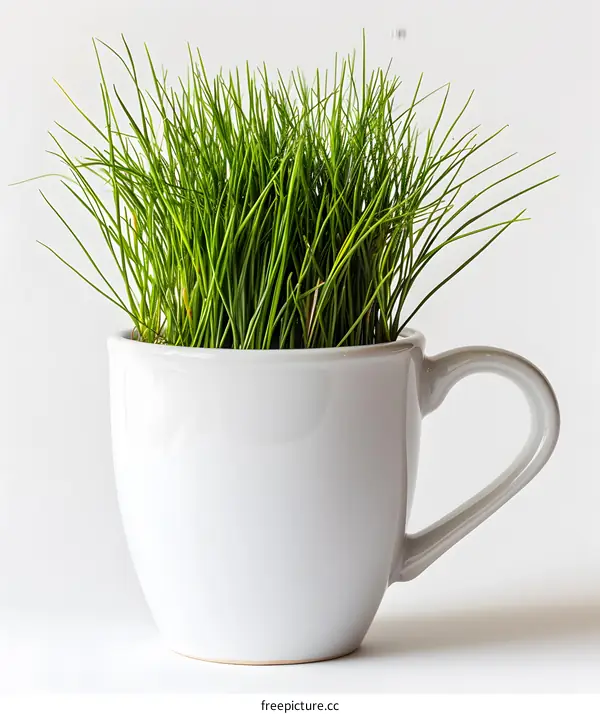 Green Grass Growing in a White Mug