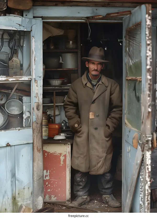 An old man standing in the doorway of a cluttered shed