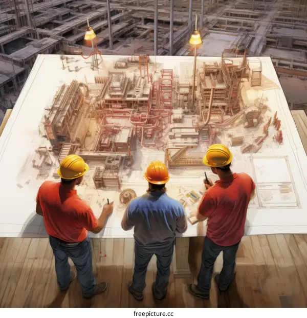 Three engineers in hard hats looking at a large blueprint
