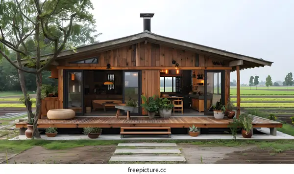A wooden house in the middle of a farm field