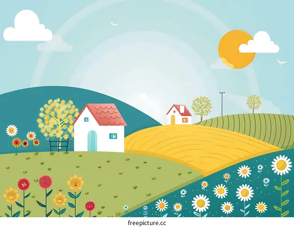 Cute Cartoon Illustration of a Sunny Countryside with Flowers and Houses