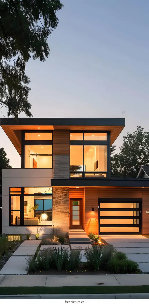 Modern House Exterior with Stone and Wood Facade