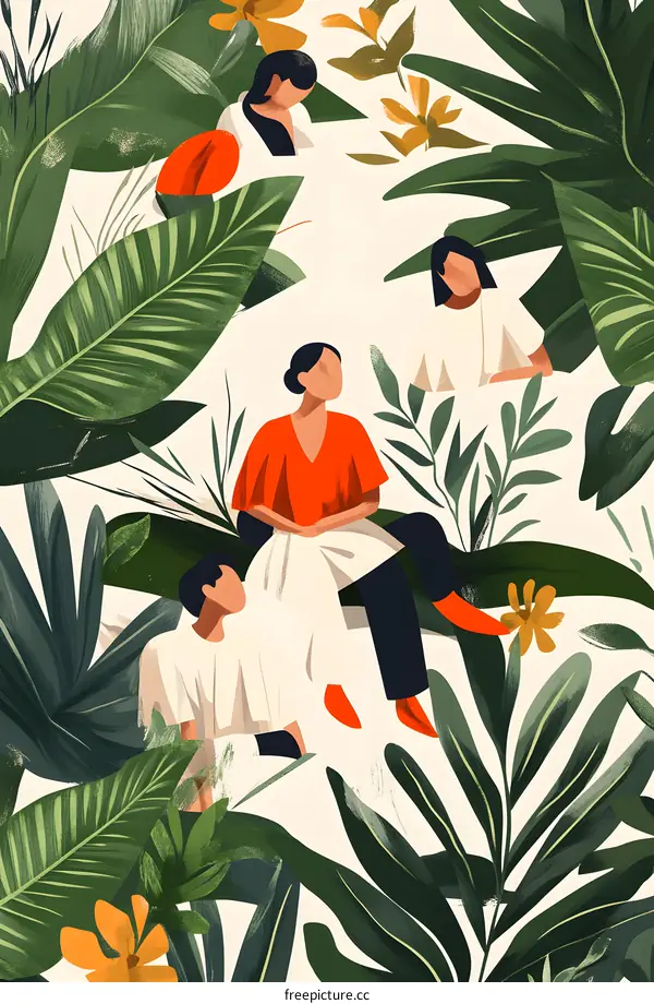 People Hiding Behind Tropical Leaves Illustration