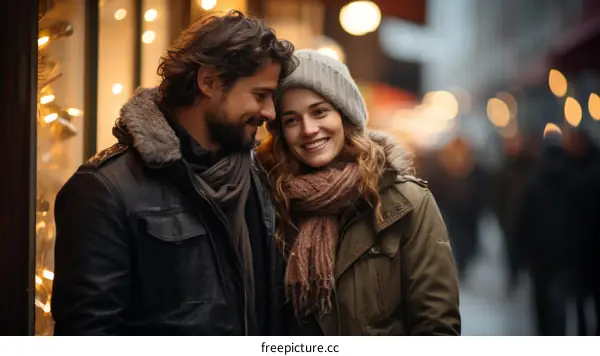 A loving couple is walking down a busy city street during the day