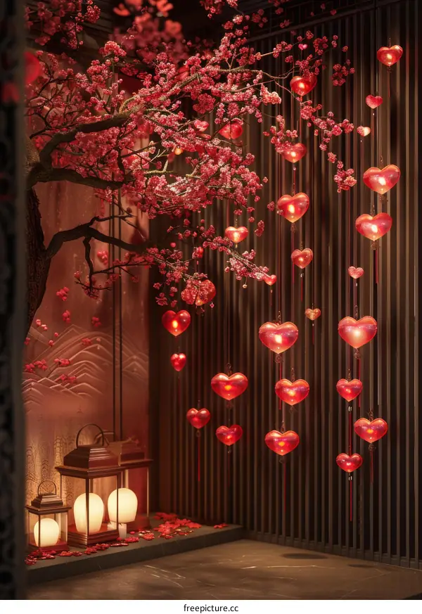 Romantic Cherry Blossom Tree with Heart-Shaped Lanterns