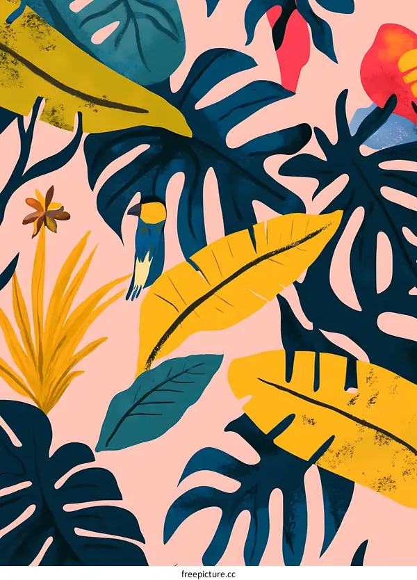 Tropical Leaves and Bird Illustration