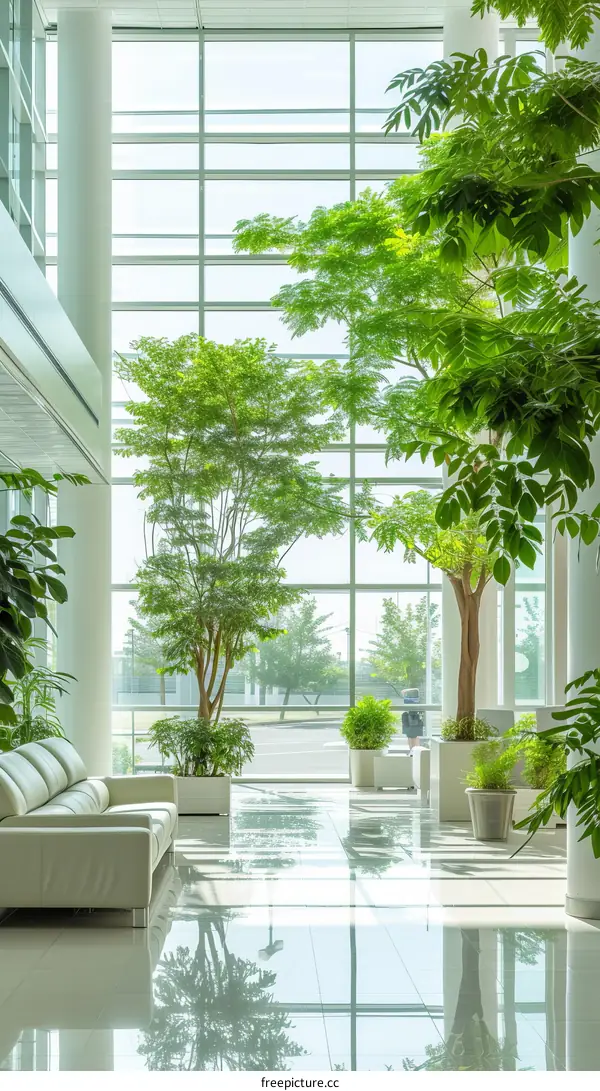 Modern interior with bright green plants and white furniture