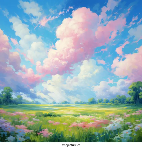 Vibrant Floral Meadow with Pink and Blue Sky