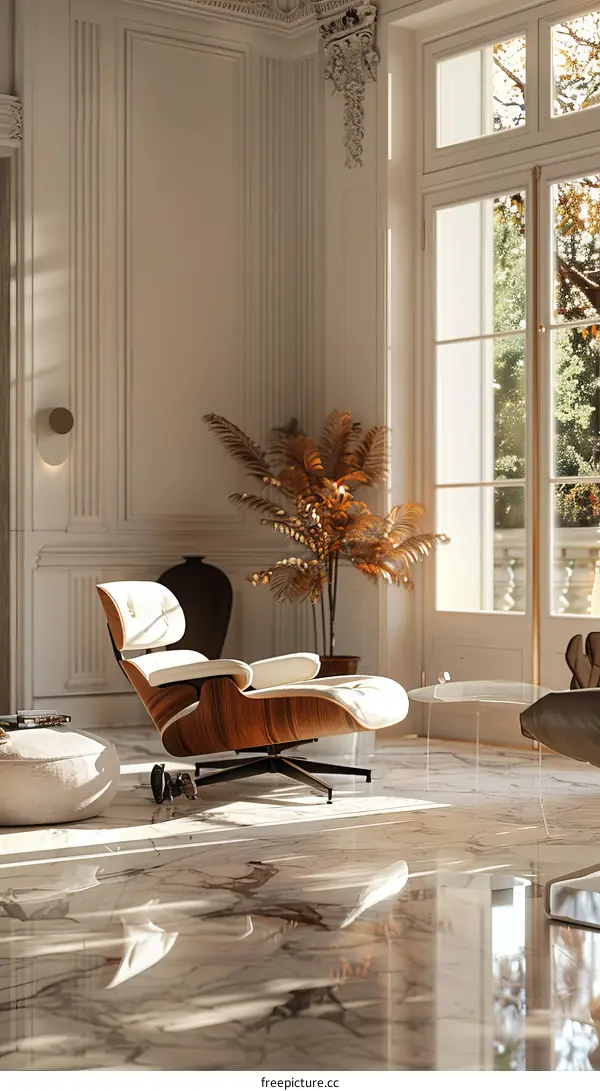 An elegant living room with a large window and a marble floor