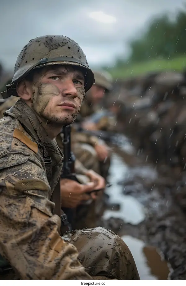 Close Up Portrait of a Soldier in the Rain Covered in Mud