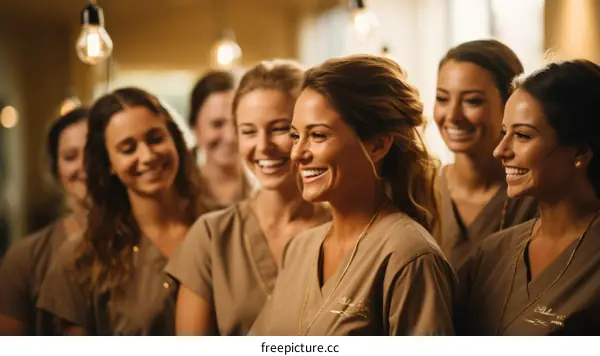 A group of happy female doctors and nurses in scrubs