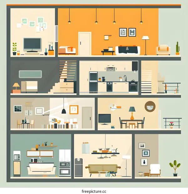 Modern Home Interior Design Illustration With Different Rooms