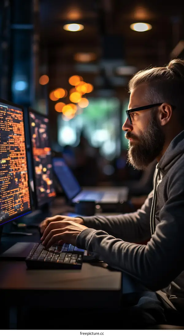 A Bearded Man Coding in a Dark Room