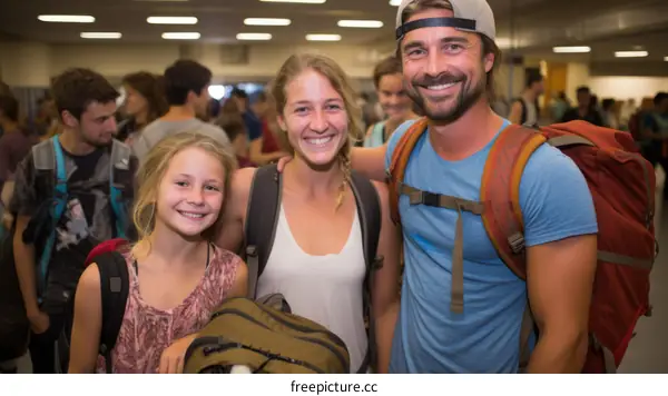 Family of backpackers at the airport