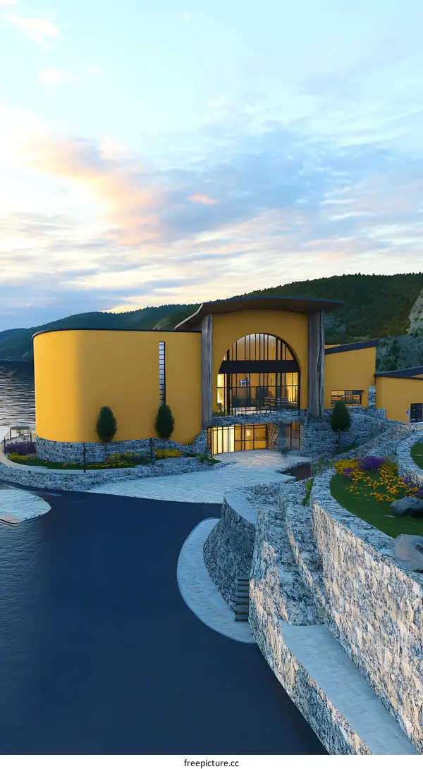 Modern Yellow Building With Curved Design On The Lake