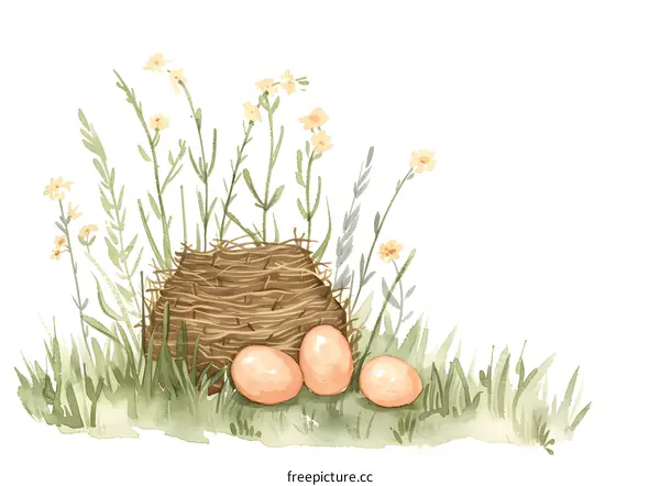 Watercolor Painting of a Bird Nest with Eggs