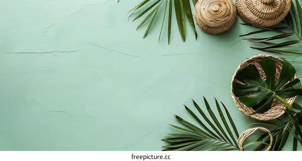 Tropical Leaf Background With Wicker Baskets