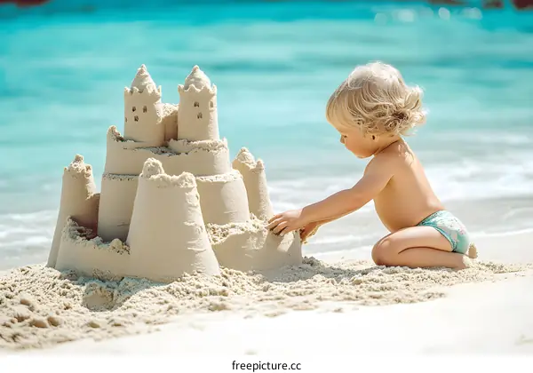 Cute Little Girl Building a Sandcastle on the Beach