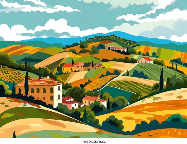 Hills with Houses and Fields Illustration