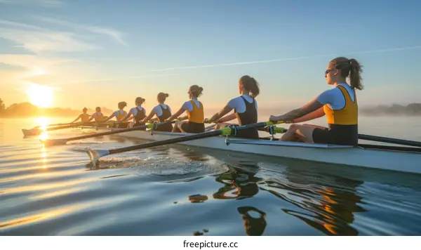 Female rowers in a racing shell at sunrise