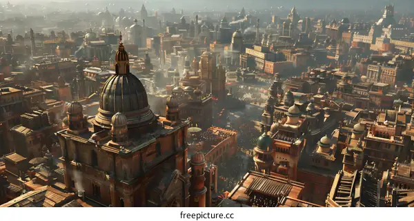 A bustling cityscape with a large dome in the center.