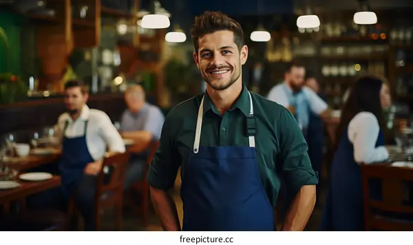 Portrait of a happy waiter in a restaurant