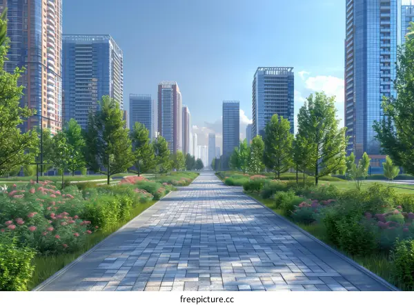 Modern City Park Pathway with High-Rise Buildings