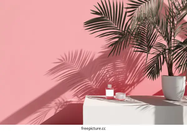 Pink Wall Decorative Plant Shadow Minimalist Scene