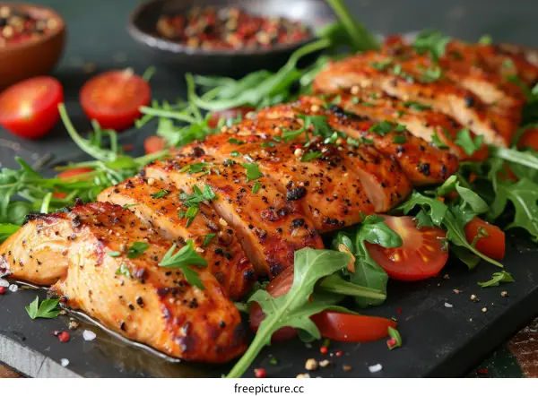 Grilled salmon fillet with rocket salad and cherry tomatoes